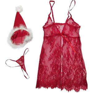 Red Lace Babydoll Lingerie Set XL Sheer Floral Lace G-String Santa Hat NEW